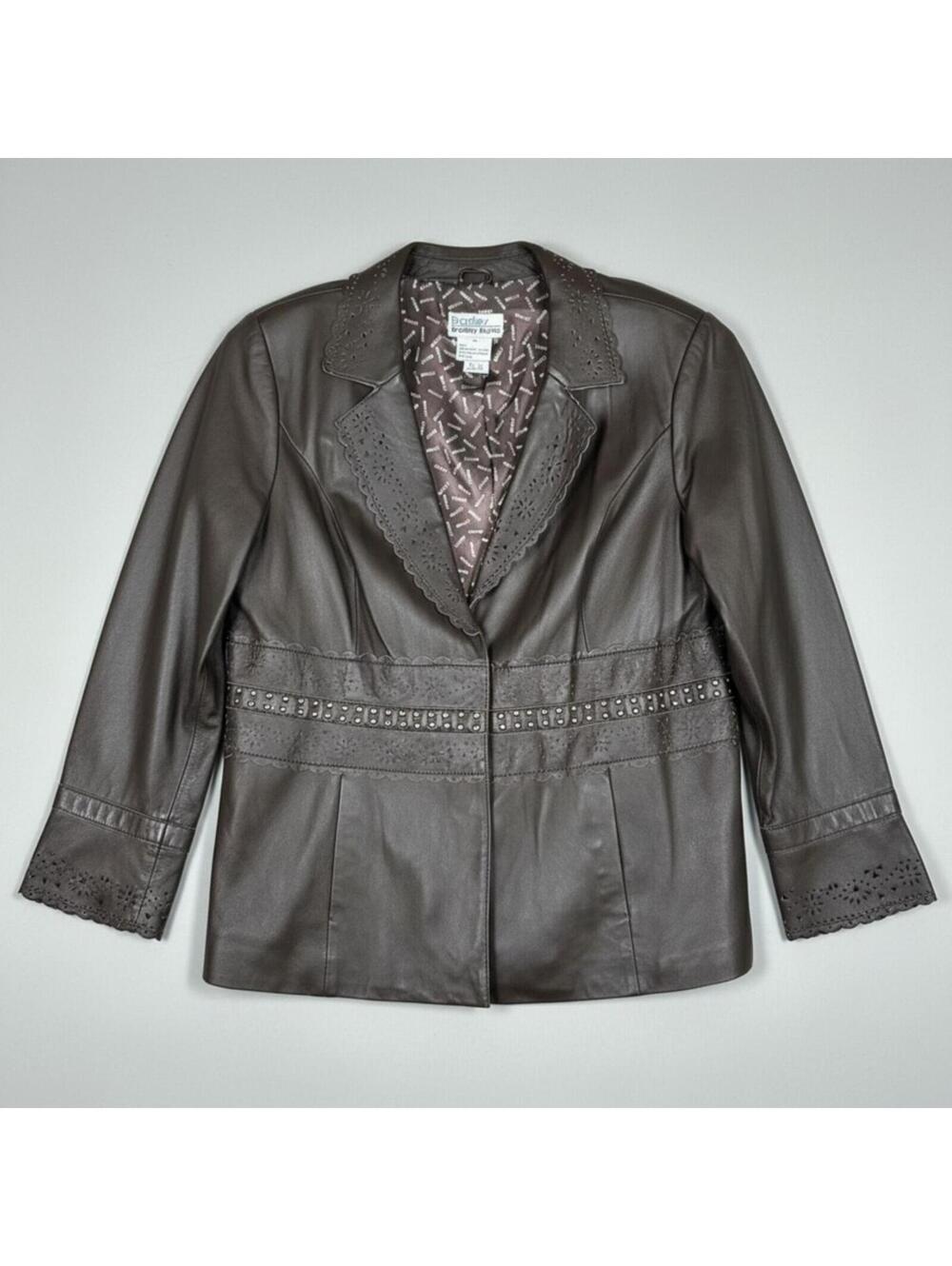 Bradley Bayou Western Chic Brown Leather Laser Cut Studded Jacket Plus Size 1X